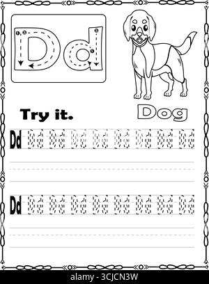 Alphabet D Ausmalseite Buchstabe D mit Hund.Arbeitsblatt für Kinder Stock Vektor