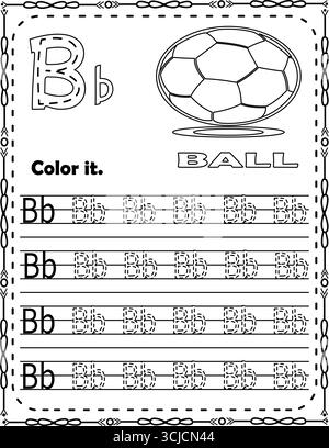 Malseite mit Buchstabe B für Kinder. Arbeitsblatt mit Druckbuchstaben B und Kugel. Stock Vektor