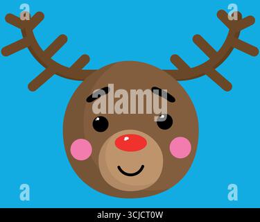 Weihnachtlicher Rentier flacher Vektor mit einer roten Nase auf einem blauen Hintergrund Stock Vektor