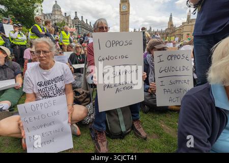 London, Großbritannien. September 2025. Demonstranten saßen auf dem Gras vor dem Palace of Westminster in London und hielten Schilder, die sich gegen den Völkermord richteten und die Palästinensische Aktion unterstützten. Big Ben ist im Hintergrund sichtbar. Zu den Demonstrationsteilnehmern gehören ältere Teilnehmer, wie etwa eine Großmutter, die die Solidarität zwischen den Generationen hervorheben. Verteidigen Sie unsere Geschworenen gegen das Verbot der Palästinensischen Aktion, indem über 1000 Menschen sich verpflichten, Zeichen zu halten, die gegen das Verbot von Labour verstoßen, und zeigen Unterstützung für die verbotene Gruppe. Penelope Barritt/Alamy Live News Stockfoto