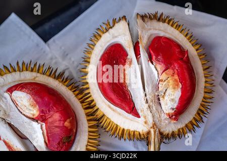 Früchte von Sabah Borneo, genannt Durian Dalit, und sein Fleisch ist in roter Farbe. Der Durian Dalit zum Verkauf auf dem Straßenmarkt in Kota Kinabalu, geboren auf der Insel Stockfoto