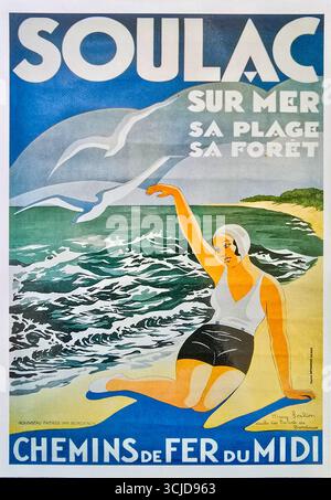 Vintage-Poster Soulac sur Mer Plage. 18. Juni, Soulac sur Mer, New Aquitaine, Frankreich Stockfoto