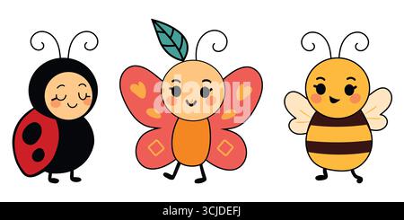 Verspielte Zeichentrickinsekten – Marienkäfer, Schmetterling & Biene Trio für Kinder Stock Vektor