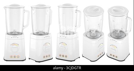 Weiße Küchenmixer aus verschiedenen Blickwinkeln. 3D-Rendering isoliert auf weißem Hintergrund Stockfoto