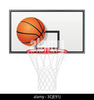 Basketball Ball, der in Hoop Vektor-Illustration mit Netz und Backboard fliegt, isolierte Basketball-Symbol für Sport-Design, Basketball Hoop Symbol für Stock Vektor