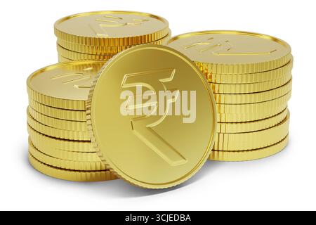 Goldene Münzen mit Rupienschild isoliert auf weißem Hintergrund. 3D-Abbildung. Stockfoto