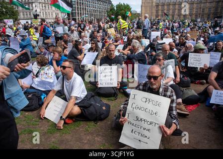 London, Großbritannien. September 2025. Demonstranten halten Plakate auf dem Parlamentsplatz. Demonstranten versammelten sich auf dem Parlamentsplatz. Ziel der Demonstranten war es, ihre Unterstützung für die Palästinenseraktion zu zeigen und von der britischen Regierung zu fordern, die Organisation von der Terrorliste zu streichen. (Foto: Krisztian Elek/SOPA Images/SIPA USA) Credit: SIPA USA/Alamy Live News Stockfoto