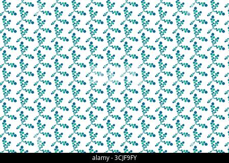 Ein sich wiederholendes Muster mit stilisierten Zweigen, die aus blaugrünen und blauen Kreisen auf weißem Hintergrund bestehen. Das Design ist einfach, aber optisch ansprechend. Stock Vektor