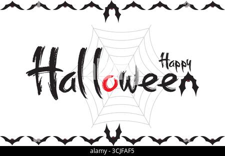 Eine festliche Halloween-Grafik mit auffälligen Pinselstrichen für „Happy Halloween“, einem stilisierten Spinnennetz und dekorativen Fledermäusen mit roten Augen Stock Vektor
