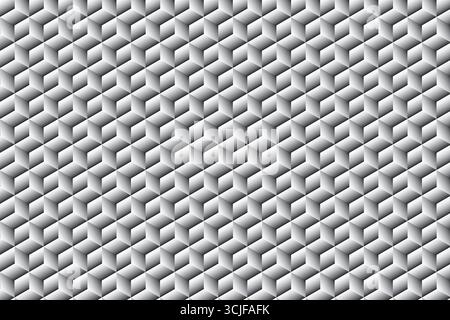 Ein sich wiederholendes Muster von Graustufenwürfeln erzeugt eine dreidimensionale Illusion. Das Bild verfügt über eine nahtlose Textur, die für verschiedene Designanwendungen geeignet ist Stock Vektor