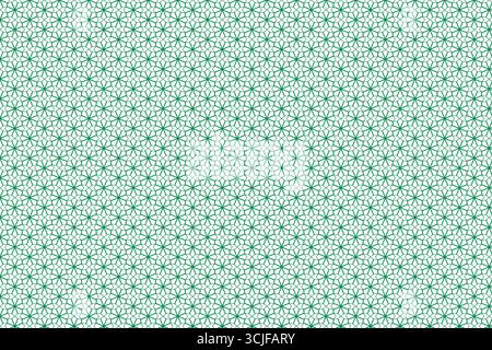 Ein detailliertes, sich wiederholendes geometrisches Muster mit miteinander verbundenen grünen, sternähnlichen Formen und Polygonen auf einem sauberen weißen Hintergrund, das eine visuelle Darstellung schafft Stock Vektor