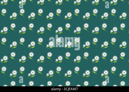 Ein sich wiederholendes Muster mit stilisierten weißen Gänseblümchen mit gelben Mittelpunkten und grünen Blättern. Die Blüten sind reihenweise auf einem massiven, dunkelblaugrünen Rücken angeordnet Stock Vektor