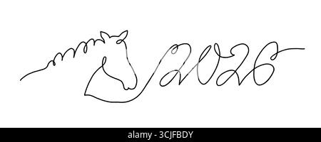 2026 Jahr des Pferdes, Einzeilenzeichnung. Fortlaufende handgezeichnete Neujahrsdekoration. Stock Vektor