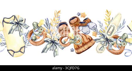 Nahtlose Borte mit Babykleidung, Schnullern, Beißringen und Aquarellabbildungen mit grünen Zweigen Stockfoto