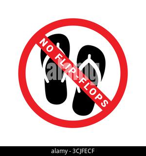 Schild für verbotene Schuhe. Keine Flipflops. Schwarze Flip-Flops-Silhouette in einem roten Verbotskreis mit diagonaler Linie. Stock Vektor
