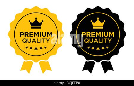 Premium-Qualitätsabzeichen. Beste Qualität flaches Vektor-Emblem oder -Etikett mit Krone, Sternen und Band in Gold und Schwarz isoliert auf weiß. Vektorabbildung Stock Vektor