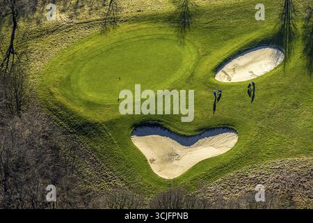Blick aus der Vogelperspektive, Golfplatz Golfclub Castrop-Rauxel e.V. in Frohlinde, sandgefüllter Bunker, Bunkerbereich in Herzform, Baumreihe auf Wiese, Golfgrün Stockfoto
