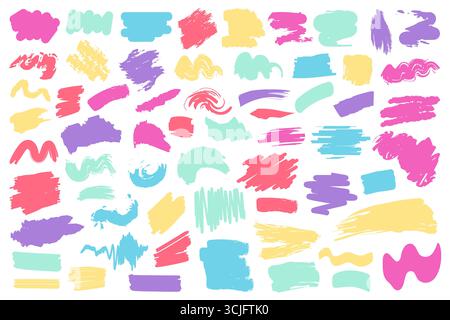 Großer Satz farbenfroher handgemalter Formen, Locken, Formen, Pinselstriche und Kritzelobjekte. Abstrakte moderne minimalistische trendige Vektorillustration mit Grunge-Textur. Stock Vektor