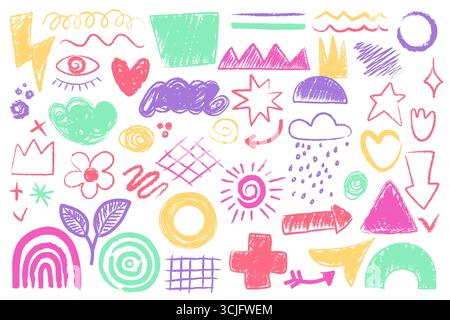 Abstrakte Kritzelung bunte Kreideformen, kindliche handgezeichnete Aufkleber Set. Pastellkreide, Bleistiftskizzen-Sammlung mit naiven Kindergemälden, Herz und Scribbles, Regenbogen- und Pfeil-Vektor-Illustration Stock Vektor