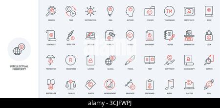 Copyright, geistiges Eigentum, Marke und Patent für Creative Line Symbolsatz. Lizenz für Text von Dokument, artikel, Grafikinhalt dünne schwarze und rote Umrisssymbole Vektorillustration Stock Vektor
