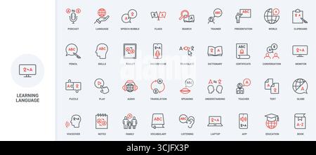 Fremdsprachenerwerb und -Übersetzung, Sprechen und Zuhören, Symbolsatz für Dialogfähigkeiten. Sprachschulzertifikat, Anwendung zur Übersetzung dünner schwarzer und roter Umrisssymbole Vektorillustration Stock Vektor