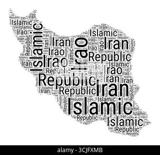 Schwarzweißwortwolke in iranischer Form. Einfache typografische Darstellung des Landes. Einfache schwarze Textwolke des Iran auf weißem Hintergrund. Stock Vektor