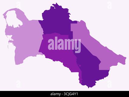 Karte von Turkmenistan mit Regionen. Nur eine einfache Ländergrenzkarte mit regionaler Aufteilung. Lila Farbpalette. Stock Vektor