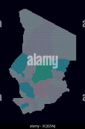 Gepunktete Tschad-Karte. Digitale Landkarte des Landes auf dunklem Hintergrund. Tschad-Form mit kreisförmigen Punkten. Farbige Punkte. Kleine Kreise. Stock Vektor