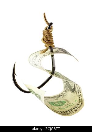 Dollar auf Angelhaken Gold isoliert auf weißem Hintergrund Konzept Investition Stockfoto