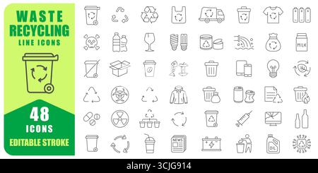 Symbolsatz Für Abfallrecyclinglinie Mit 48 Bearbeitbaren Hüben. Thin Line Collection Umfasst Müll, Recyclingbehälter, Glas, Kunststoff, Metall, Papier, Akku Stock Vektor