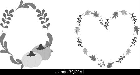 Zweige und Kürbisse ovaler Rahmen und Herbstblätter Herzform Rahmen Graustufen Set Kopierraum Vorlage. Isolierte Vektor-Illustration Thanksgiving oder Herbst Ernte Themenkarte Party Einladung Banner, Faltblatt Stock Vektor