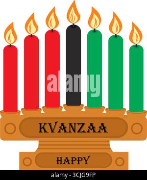Happy Kwanzaa Schriftzug auf Holzkinara mit Seven Candles Candles Kwanzaa Greetings Designelement. Isolierte Vektor-Illustration Kwanzaa verwandte Inhalte Aufkleber Icon Logo-Broschüren, Banner, Preisschild Stock Vektor