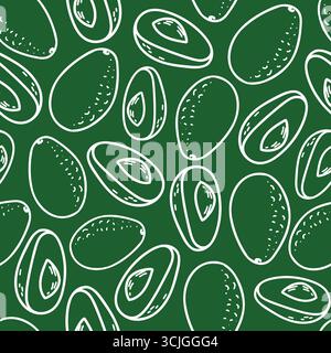Nahtloses Avocado-Vektormuster im minimalistischen Doodle-Stil. Handgezeichnete weiße Strichkunst von ganzen Früchten und geschnittenen Scheiben auf grünem Hintergrund Stock Vektor