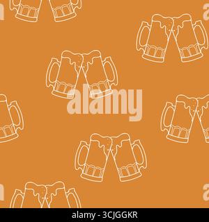 Nahtloses Biermuster. Weiße Strichgrafik isoliert auf einem braunen, orangefarbenen Hintergrund. Toasten voller Bierbecher mit Schaum. Handgezeichnete Vektorabbildung in Stock Vektor