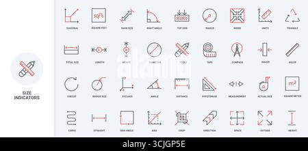 Größe, Bemaßungspfeile und Instrumente zur Messung von Länge und Höhe, Zeigerlinien-Symbolsatz. Maßband, Kompass und Lineal mit Skalen dünne schwarze und rote Umrisssymbole Vektorillustration Stock Vektor