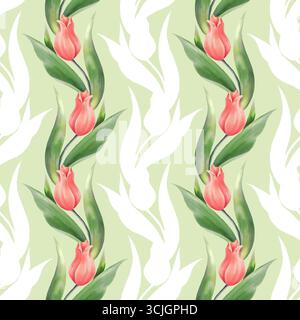 Nahtloses Muster mit roten Blüten und Blättern. Frühlingsblumen. Sommer- oder Frühlingshintergrund Stockfoto