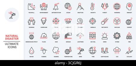 Symbolsatz „Naturkatastrophe und Katastrophe Gefahr“, „Natur“, „Gewächshauseffekt Schaden“. Erdbeben und Überschwemmung, Tsunami und extremer Sturm dünne schwarze und rote Umrisssymbole Vektorillustration Stock Vektor