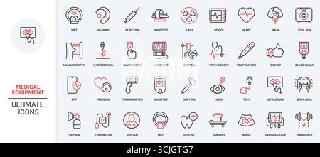 Medizinische Geräte und chirurgische Geräte des Krankenhauses, Radiologiemaschinen, Ultraschallscanner Linie Symbolsatz. Schrittmacher und Oximeter, Transfusionssymbole mit dünnen schwarzen und roten Umrisssymbolen Vektorillustration Stock Vektor