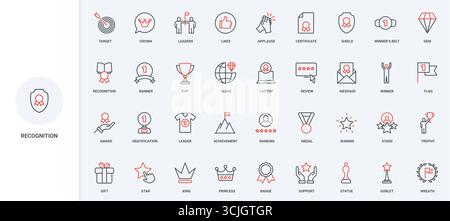 Anerkennung von Siegern, Auszeichnungen und Rezensionen, Likes und Applaus. Sieger und Anführer erreichen Siegesfahne und Pokal, Medaille, Zertifikat dünne schwarze und rote Umrisssymbole Vektorillustration Stock Vektor
