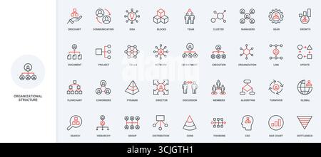 Organisationsstruktur der Community, des Unternehmens und der Führung, Symbolgruppe der Organisationslinie der Gruppe. Abteilungs- und Teamhierarchie, Projektdiagramm dünne schwarze und rote Umrisssymbole Vektorillustration Stock Vektor