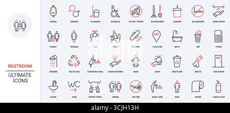 Informationsschilder für Toiletten und Toiletten, Symbolsatz für Badezimmerlinien. Weibliche und männliche Symbole, Dusche und Urinal, Papierrolle Taschentücher und Mülleimer, Frau und Kind dünne schwarze rote Umrissvektorillustration Stock Vektor