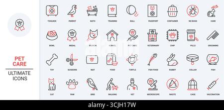 Tierpflege, Lebensmittel und Spielzeug, Chip des Reisepasses und Pillen, Pflege und Tierarzt Klinik Linie Icon Set. Medizinisches Kit, Werkzeuge für Hund und Katze, Training Trophäe dünne schwarze und rote Umrisssymbole Vektor-Illustration Stock Vektor