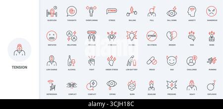 Stress und Spannung, Problem der psychischen Gesundheit und Beziehungen, Angstlinie Symbolsatz. Nervöser besorgter Mann mit Panik und Angst, gebrochenem Herzen dünne schwarze und rote Umrisssymbole Vektor-Illustration Stock Vektor