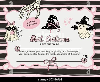 Retro Pink Halloween Award Zertifikat Mit Geist, Hexenhut, Rosa Rand Und Skelett Hand Halloween Bestes Kostüm Dokument Vektor Stock Vektor