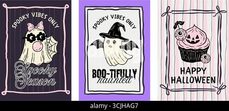 Retro Rosa Halloween Poster Flyer Set Wimsical Doodle Coquette Nette Karte Vektor Mit Geister Cupcake Augapfel Spider Web Collection Stock Vektor