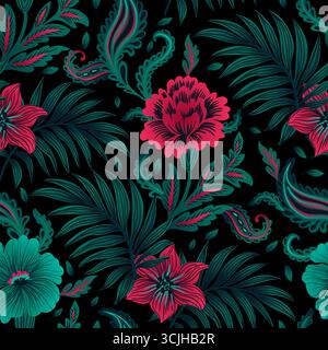Böhmische Tropische Reich Verzierte Romantische Blumen Vintage Opulente Paisley-Motiv Nahtlose Muster Hintergrund Stock Vektor