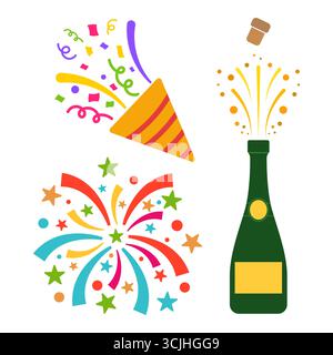 Festliche Festlichkeiten mit Champagner, Konfetti und Feuerwerk. Perfekt für Neujahr, Geburtstagsfeiern, Feiertage, Hochzeiten. Stock Vektor