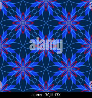 Dunkelblaues nahtloses Muster. Magisches Winterschmuck aus Sternen. Symmetrische blaue und rote Sterne auf dunklem Hintergrund. Weihnachtliche Einrichtung Stock Vektor