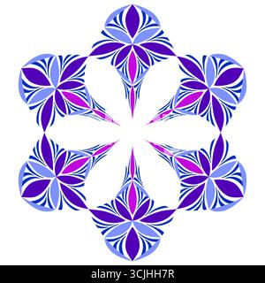 Fantasy-Mandala mit floralem Lila. Geometrische runde Ornamente gekrümmter Linien und Formen. Symmetrische violette Blume auf weißem Hintergrund Stock Vektor