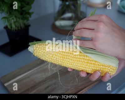 Nahaufnahme der Hände, die frisches Mais auf dem Cob in der Küche schälen Stockfoto
